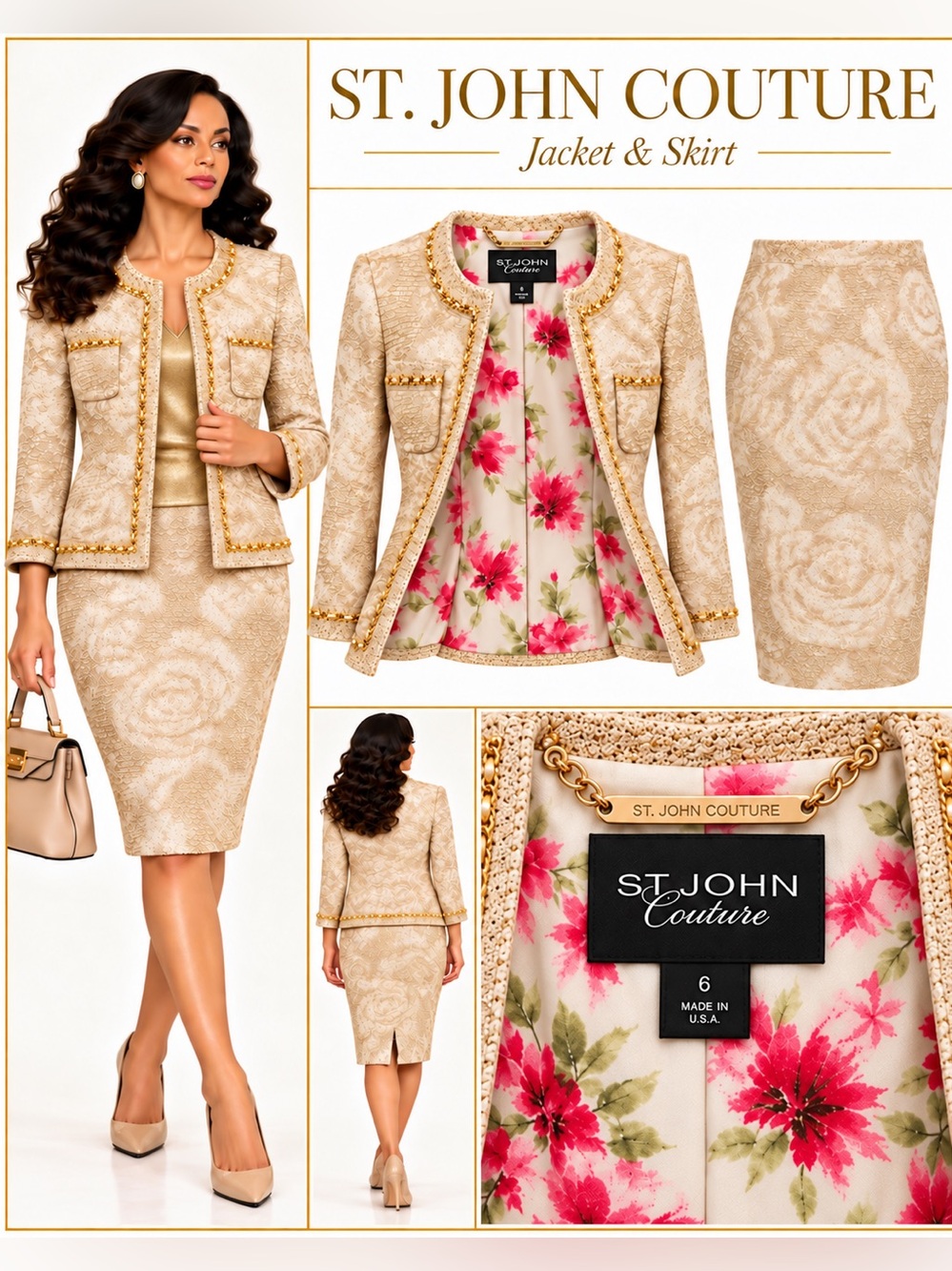 St. John Couture Beige Gold Tweed 2-Piece Jacket 6 Skirt 10 (fits like 6) Suit